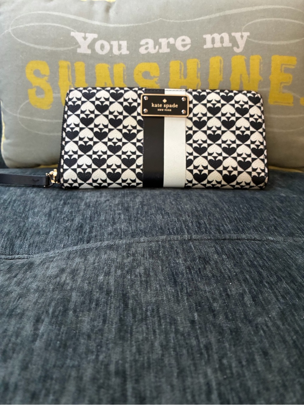 kate spade Black and White Patterned Zip Wallet with Center Stripe